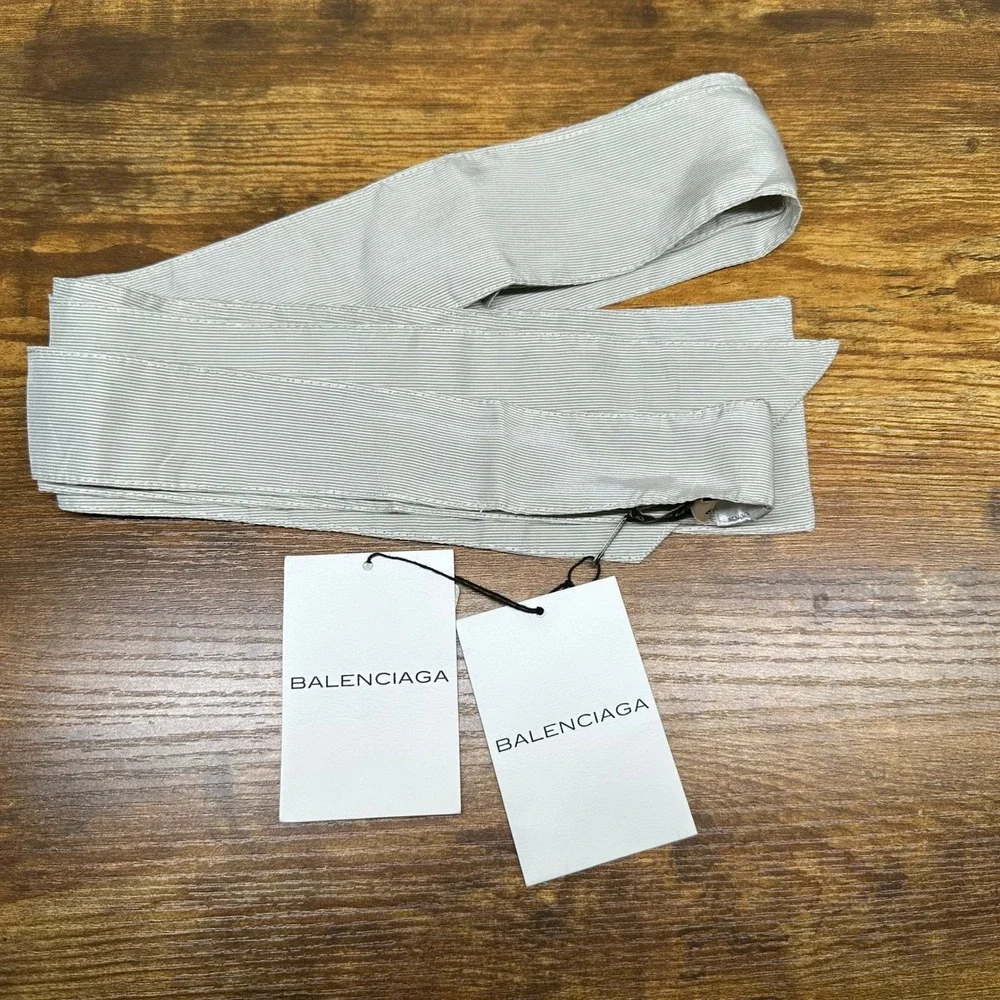 New Balenciaga Paris Gray Pinstripe 100% Silk Tie Belt Scarf Made in‎ Italy NWT